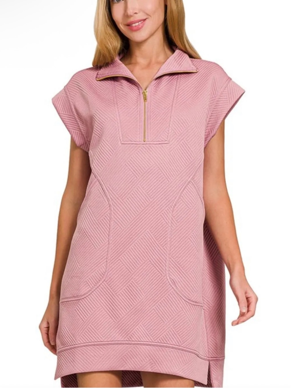 Zenana Textured Knit Jacquard Quarter Zipper Mini Dress